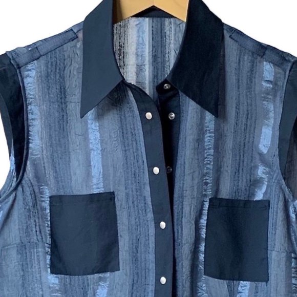 From Paris NEW w/o tags Bleu de Sym short sleeve semi-sheer button down top - Picture 5 of 7